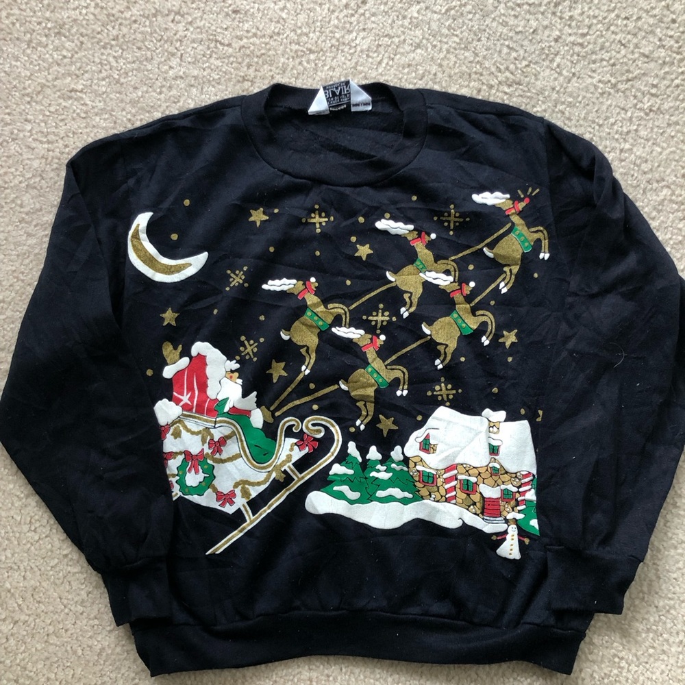 Vintage 80’s - 90’s Ugly Christmas Sweater Santa Sleigh Reindeer M-L sweatshirt